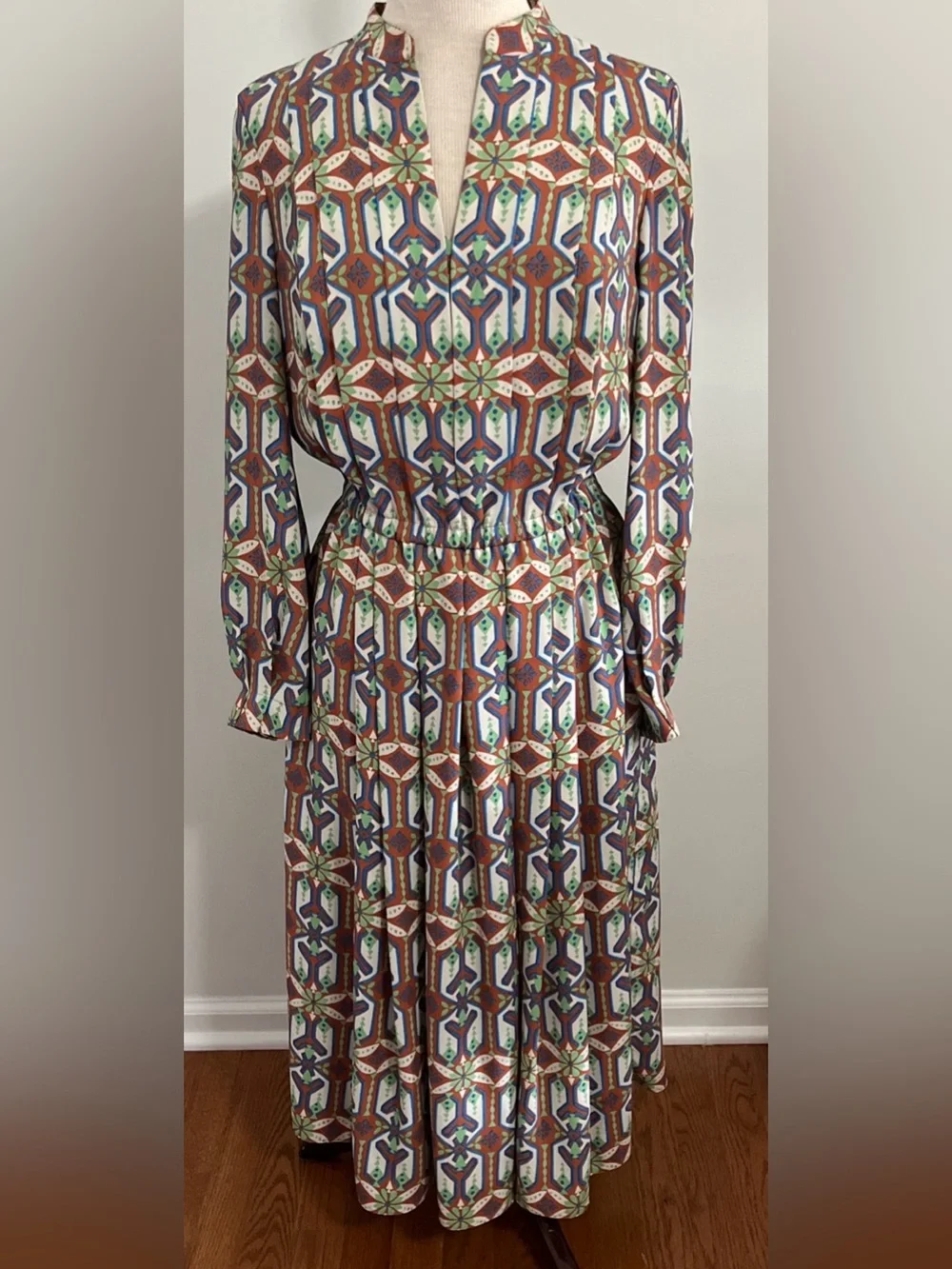 Tory Burch Garden Maze Geometric Print Pleated Shirt Dress